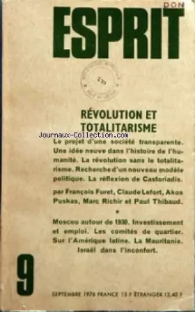 Couverture du produit · ESPRIT [No 9] du 01/09/1976 - REVOLUTION ET TOTALITARISME - LE PROJET D'UNE SOCIETE TRANSPARENTE - LA REVOLUTION SANS LE TOTALI