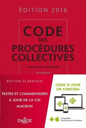 Couverture du produit · Code des procédures collectives 2016, commenté - 14e éd.