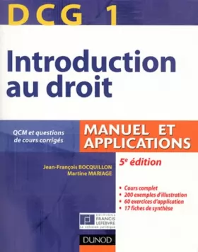 Couverture du produit · DCG 1 - Introduction au droit - 5e édition - Manuel et applications: Manuel et Applications, QCM et questions de cours corrigée
