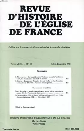 Couverture du produit · Revue d'histoire de l'eglise de france, tome lxxi, n° 186, jan.-juin 1985