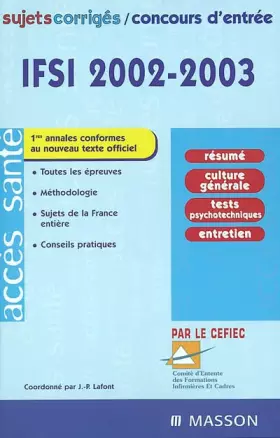 Couverture du produit · sujets corrigés. Concours d'entrée IFSI 2002/2003, 3e édition