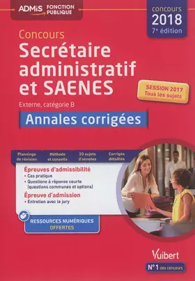 Couverture du produit · Concours SA et SAENES - Annales corrigées - Catégorie B - Admis - Concours 2018