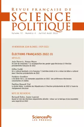 Couverture du produit · Revue française de science politique 72-4, juillet-août 2022: Elections françaises 2022 (1)