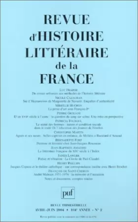 Couverture du produit · Revue d'histoire littéraire de la France, numéro 2 - 2004
