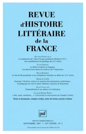 Couverture du produit · Revue d'histoire littéraire de la France, N° 3, septembre 2007 :