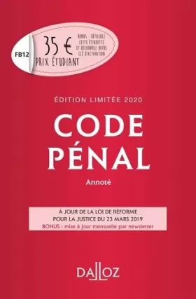 Couverture du produit · Code pénal 2020 annoté. Édition limitée - 117e éd.