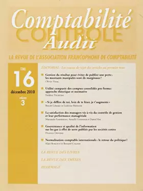 Couverture du produit · Revue Comptabilite Controle Audit Volume 16 Tome 3