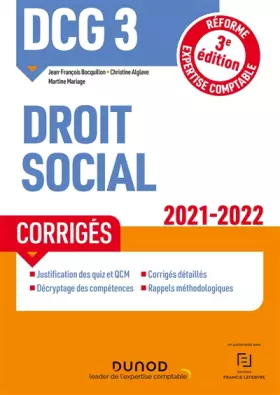 Couverture du produit · DCG 3 Droit social - Corrigés - 2021-2022: Réforme Expertise comptable (2021-2022)