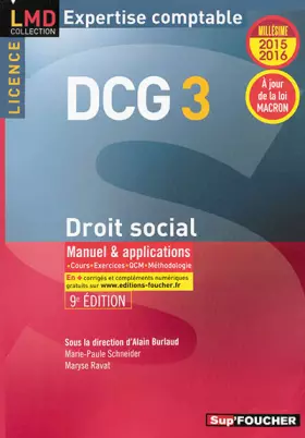 Couverture du produit · DCG 3 - Droit social - Manuel et applications - 9e édition - Millésime 2015-2016