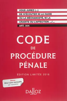 Couverture du produit · Code de procédure pénale 2016. Édition limitée - 57e éd.