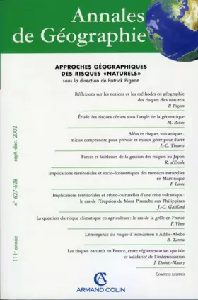 Couverture du produit · Annales de Géographie N° 627-628 Septembre-Décembre 2002 : Approches géographiques des risques naturels