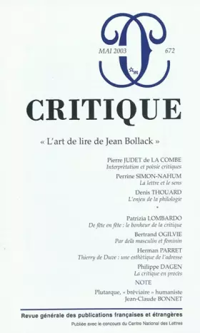 Couverture du produit · Critique, numéro 672 : L'art de lire de Jean Bollack