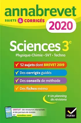 Couverture du produit · Annales du brevet Annabrevet 2020 Sciences (Physique-chimie SVT Technologie) 3e: 54 sujets corrigés