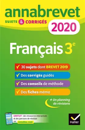 Couverture du produit · Annales du brevet Annabrevet 2020 Français 3e: 26 sujets corrigés (questions, dictée, rédaction)
