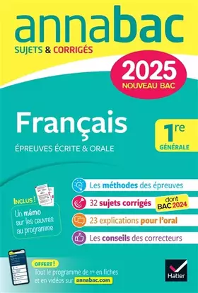 Couverture du produit · Annales du bac Annabac 2025 Français 1re générale (bac de français écrit & oral): sujets corrigés sur les oeuvres au programme