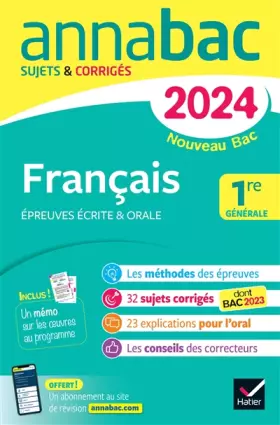 Couverture du produit · Annales du bac Annabac 2024 Français 1re générale (bac de français écrit & oral): sur les oeuvres au programme 2023-2024