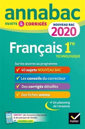 Couverture du produit · Annales Annabac 2020 Français 1re technologique: sujets et corrigés pour le nouveau bac français