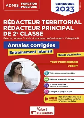 Couverture du produit · Concours Rédacteur territorial et Rédacteur principal 2e classe - Catégorie B - Annales corrigées: Entraînement intensif - Conc
