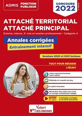 Couverture du produit · Concours Attaché territorial - Catégorie A - Annales corrigées: Entraînement intensif - Externe, interne, 3e voie et examen pro