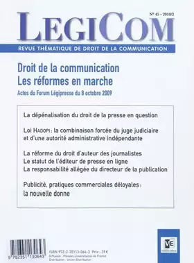 Couverture du produit · Legicom, N° 45, 2010/2 : Droit de la communication : les réformes en marche
