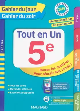 Couverture du produit · Cahier du jour/Cahier du soir tout en un 5e - Nouveau programme 2016